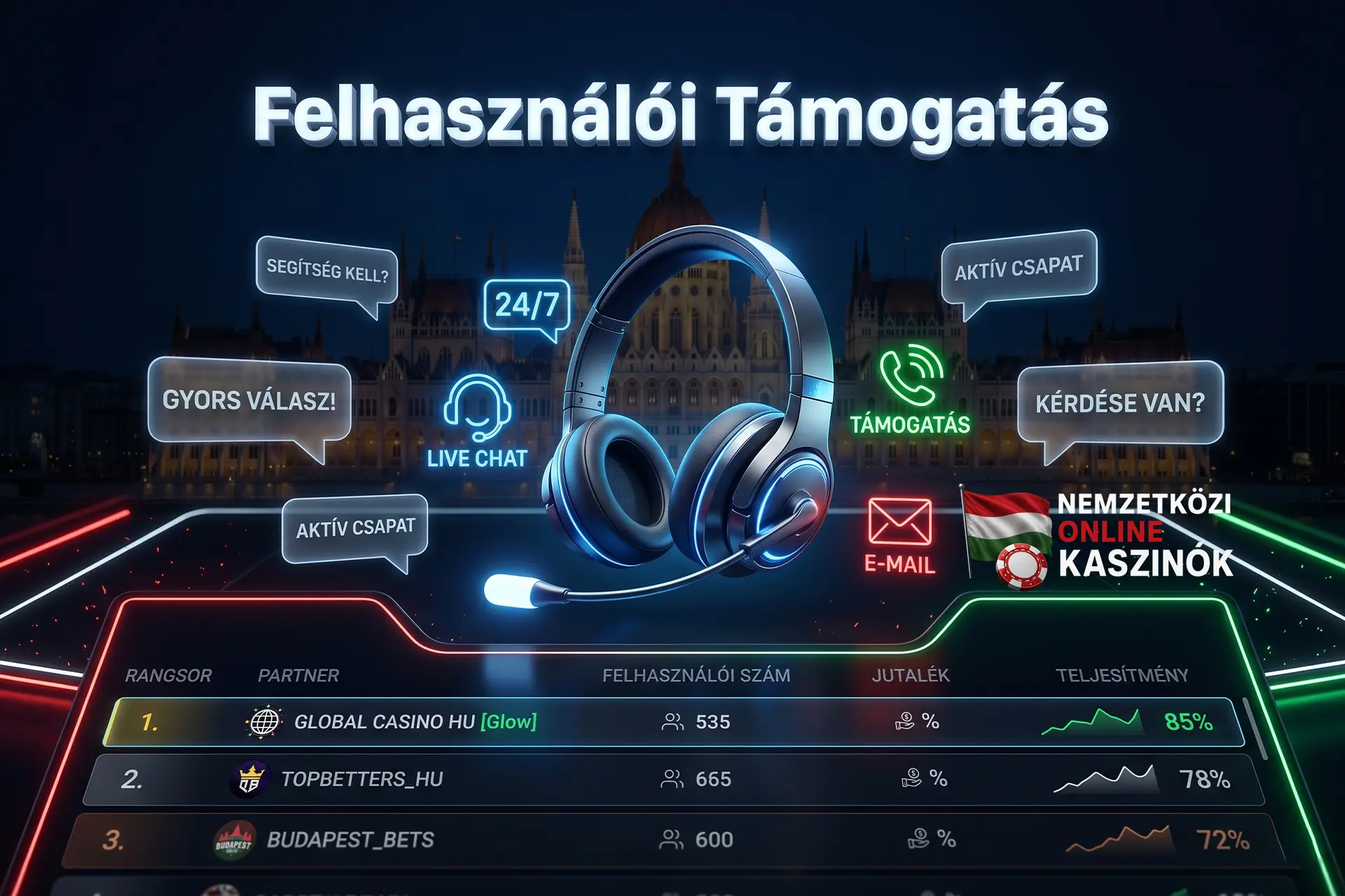 Modern ügyfélszolgálati fejhallgató neon ikonokkal és Felhasználói Támogatás felirattal.