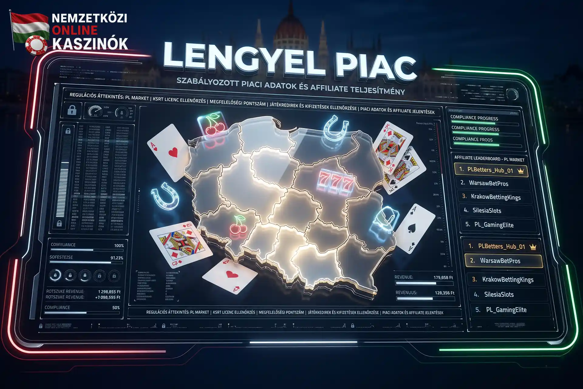 Lengyelország térképe pókarkártyákkal és nyerőgép szimbólumokkal, Lengyel Piac felirattal.