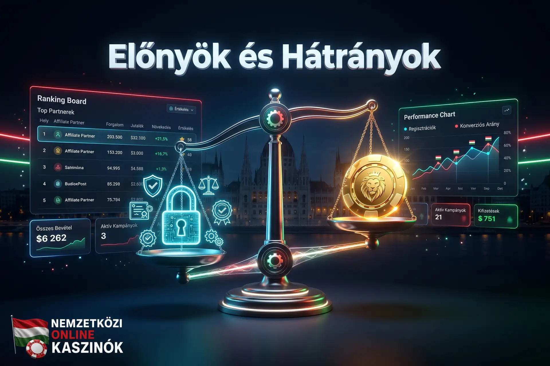 3D mérleg arany zsetonnal és digitális lakattal, Előnyök és Hátrányok felirattal.