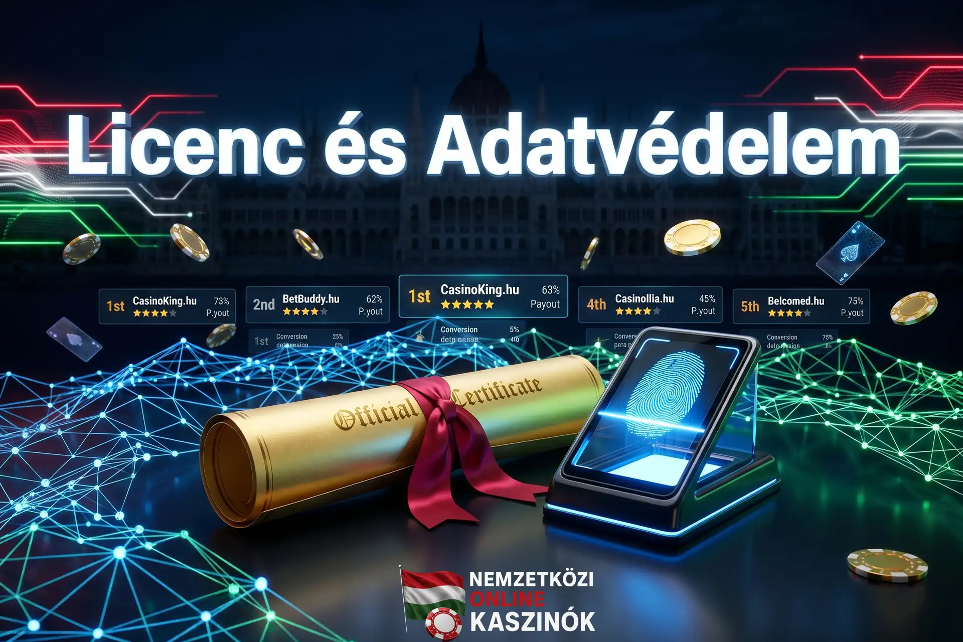 Arany hivatalos tanúsítvány ujjlenyomat-olvasóval és Licenc és Adatvédelem felirattal.